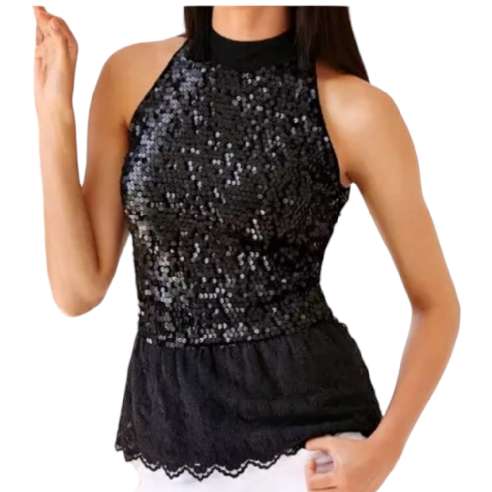 Boston Proper Black Sequin Halter Top Embroidered Ruffle Hem Blouse S